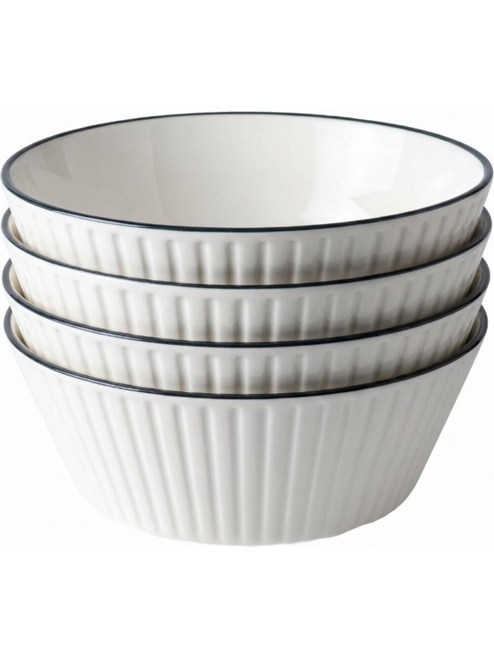 Set of 4 White Ribbed Ceramic Soup Bowls - 8” with Black Rim - Elegant Dining